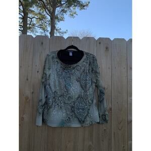 Jones New York Size‎ XL Top Tee Shirt Long Sleeve Sequin Grunge Green Brown